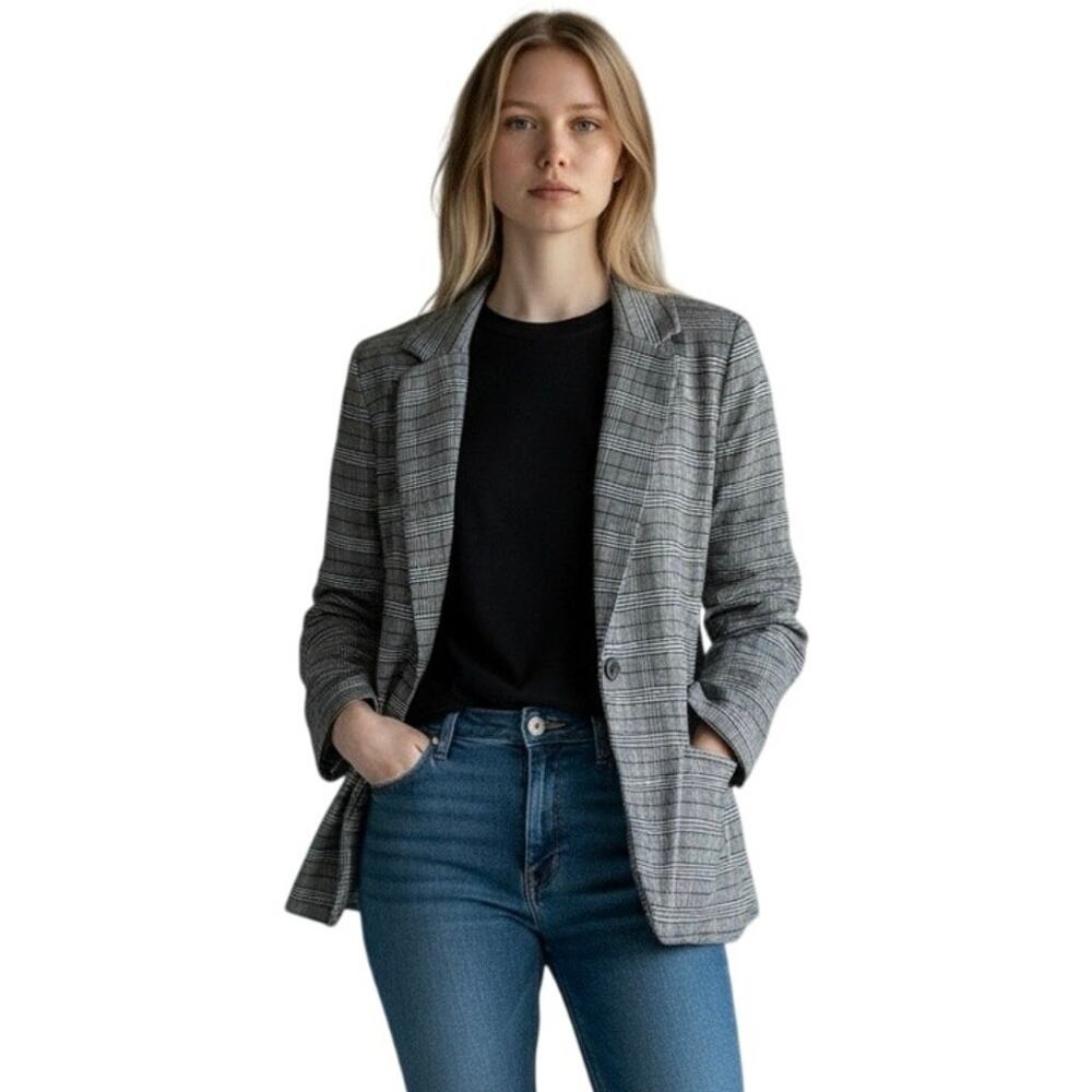 MONROW Women’s Black Check Single Button Notched Lapel Blazer Jacket